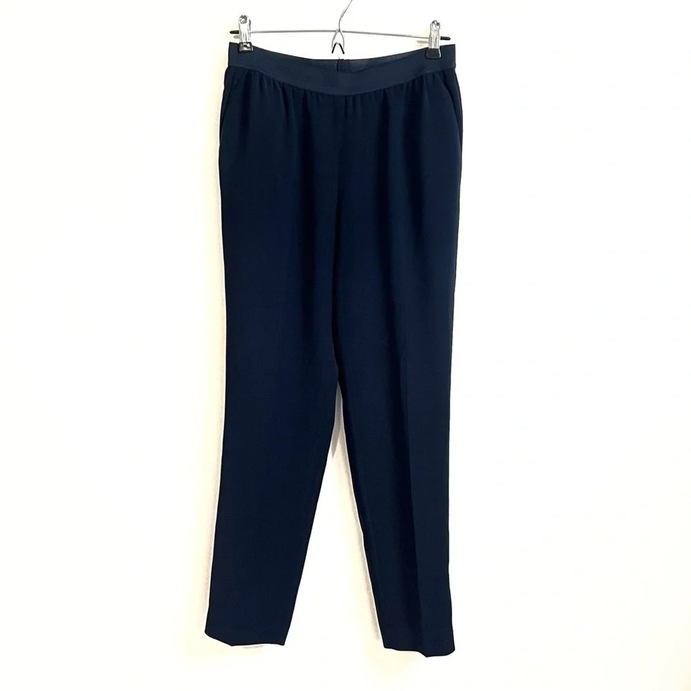 NEW Ann Taylor Pull On Straight Leg Navy Blue Dress Pants Elastic Waist Pockets - Picture 1 of 11